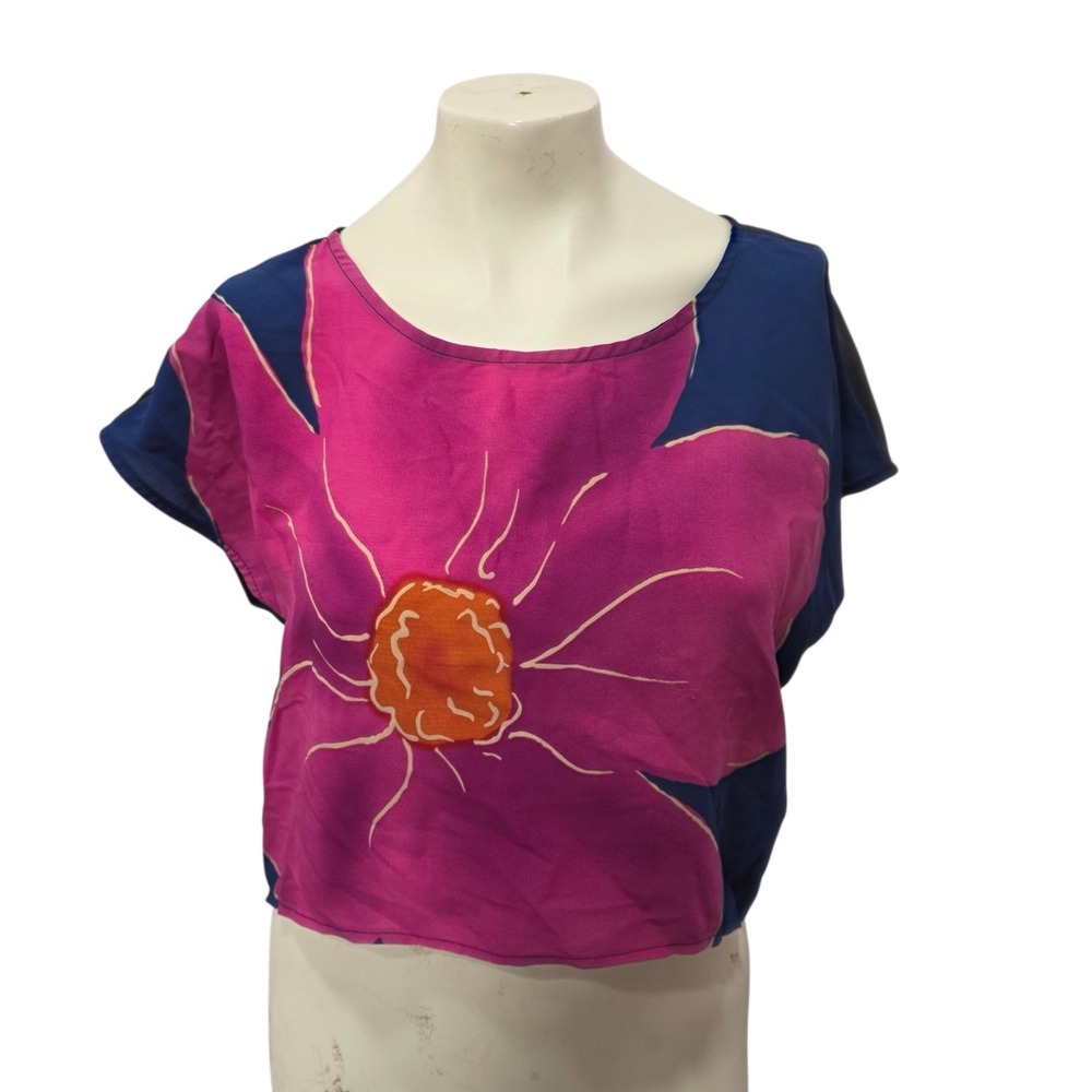 Forever 21 Floral Print Blouse‎ Medium Button Back Short Sleeve Blue Pink Top